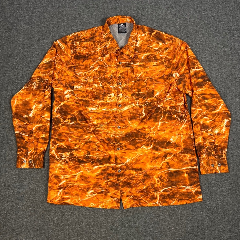 Mossy Oak Fishing Button Up Shirt Mens XL Orange Elements Fire Camo Long Sleeve